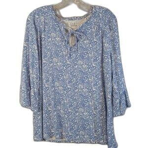 Croft & Barrow Blouse Women Size LARGE Blue White Floral 3/4 Sleeve Cottagecore